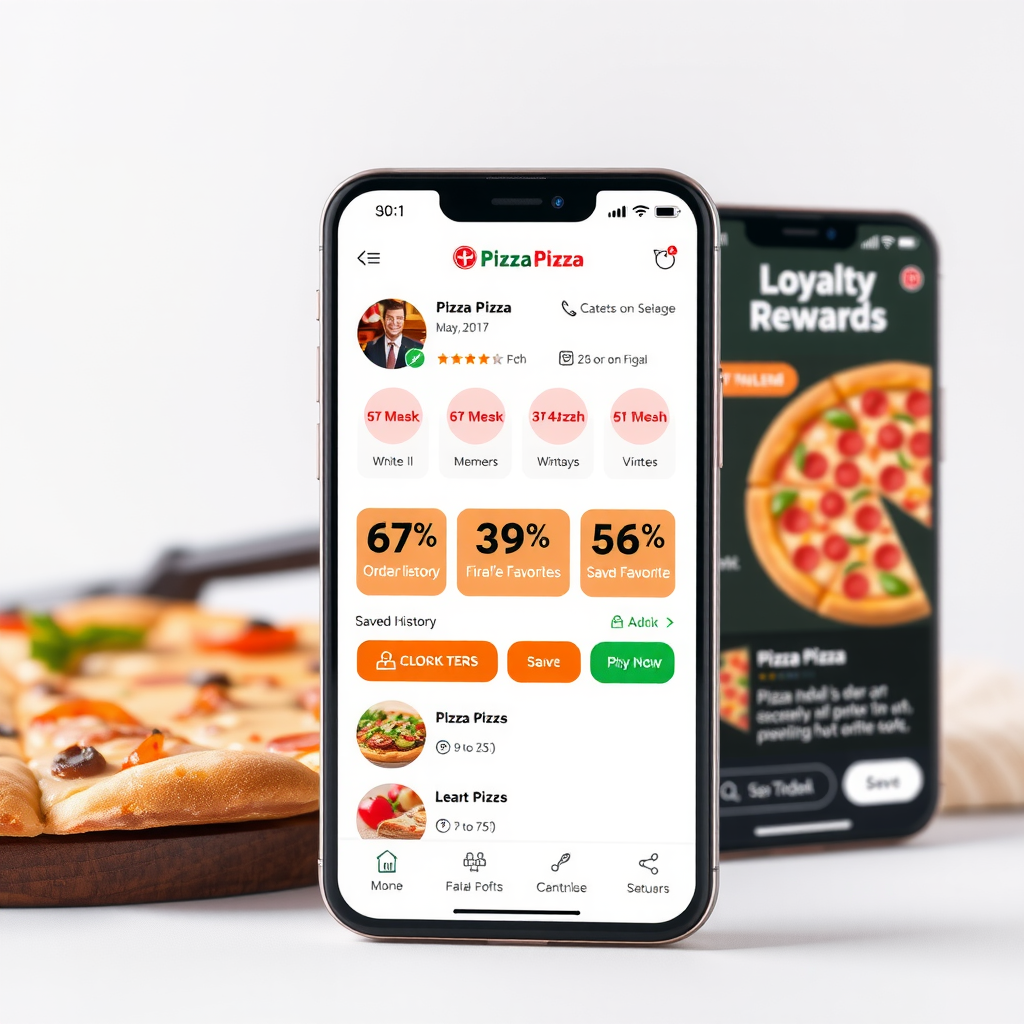 PizzaPizza app features including order history, saved favorites, and loyalty rewards interface