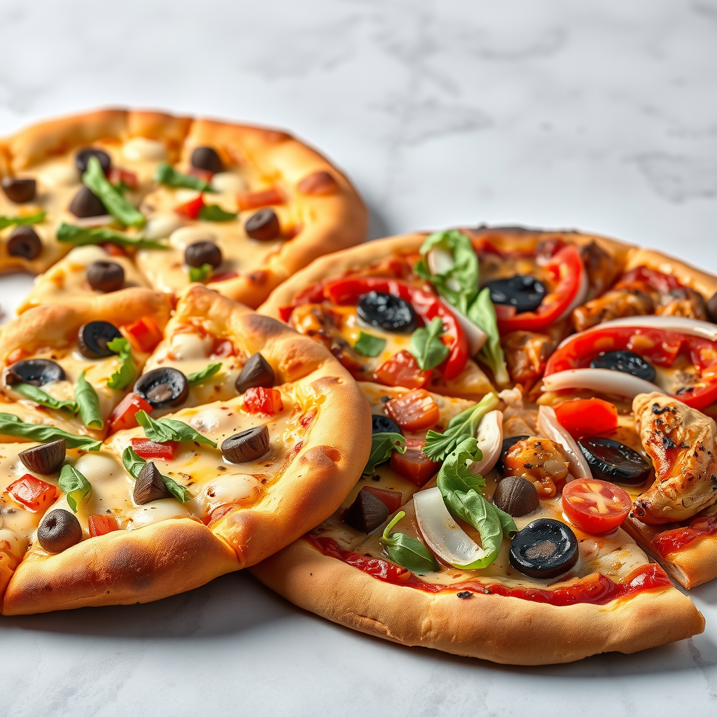 Assortment of gourmet specialty pizzas including truffle mushroom, prosciutto arugula, and BBQ chicken with premium toppings
