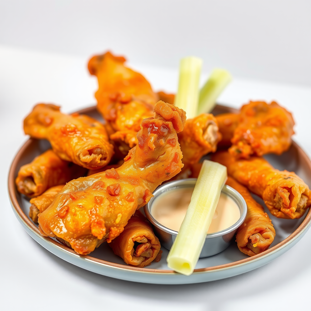Plate of crispy golden chicken wings with dipping sauce and celery sticks on the side