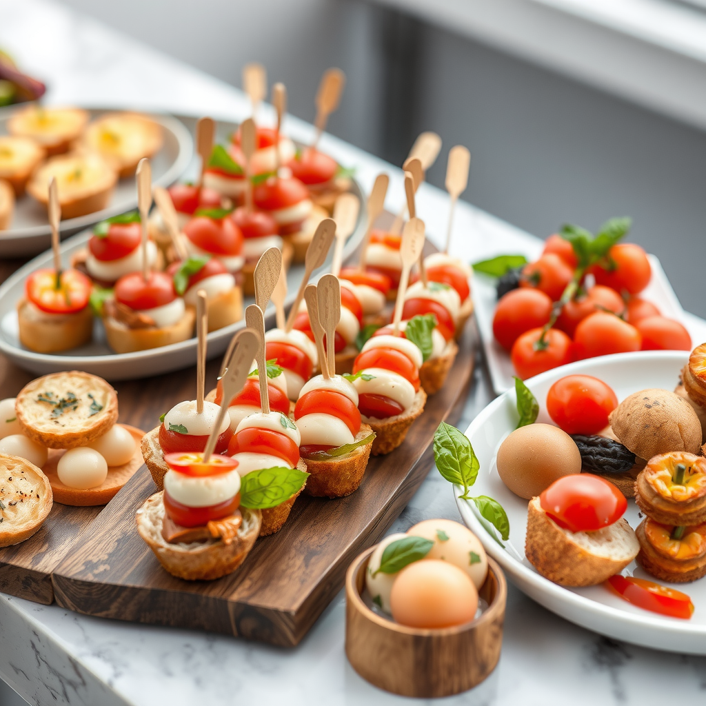 Elegant appetizer platters featuring bruschetta, caprese skewers, antipasto selections, and gourmet finger foods