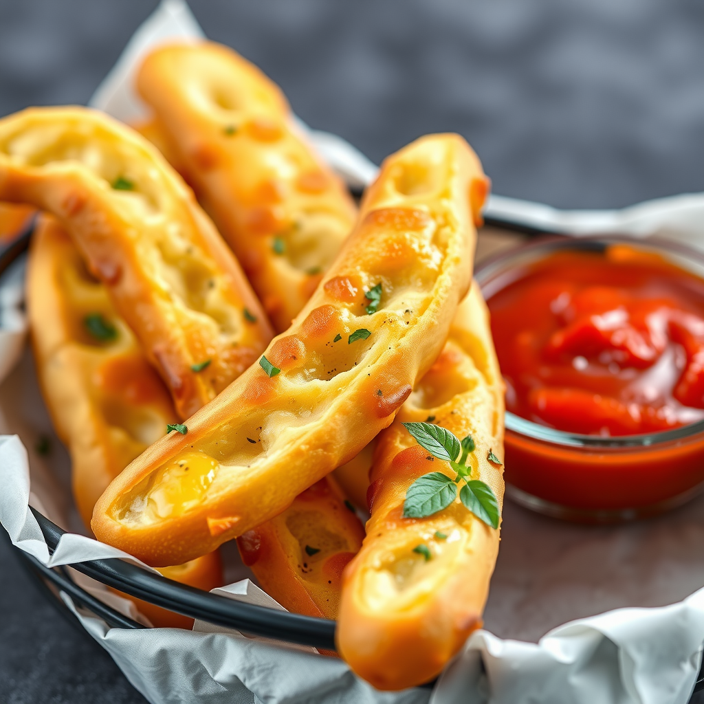 Fresh garlic bread sticks with melted butter and herbs, served in a basket with marinara dipping sauce