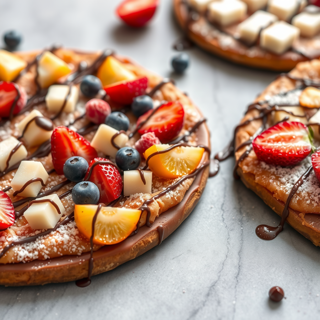 Sweet dessert pizzas topped with Nutella, fresh fruits, chocolate drizzle, and powdered sugar for event catering