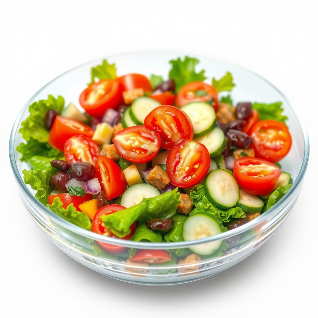 Fresh garden salad with mixed greens, tomatoes, cucumbers, and colorful vegetables in a clear bowl with dressing on the side