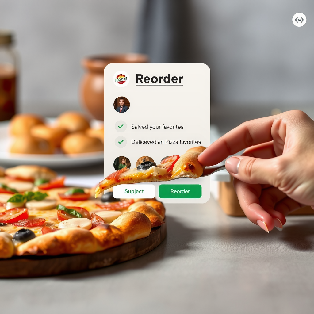 Streamlined reorder process demonstrating how saved favorites enable one-click pizza ordering
