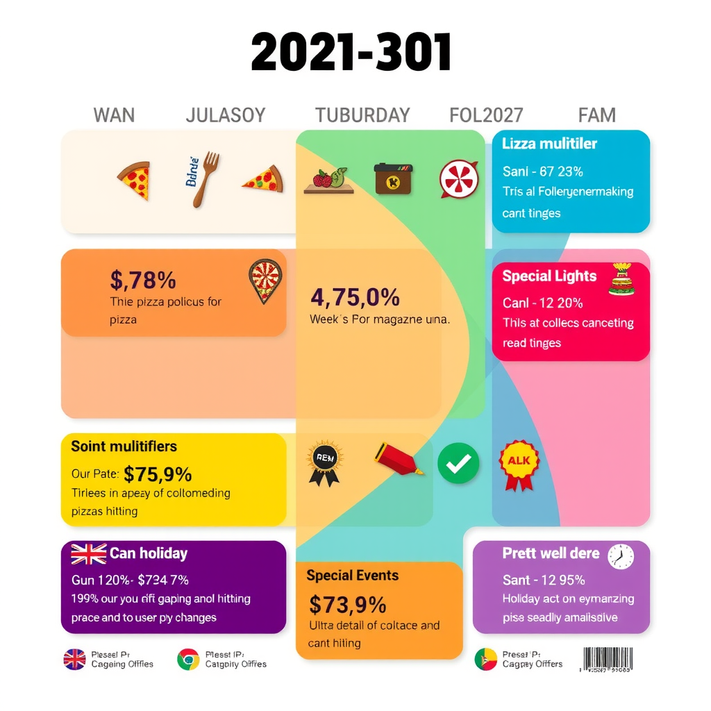Colorful calendar graphic showing various seasonal promotions throughout the year with pizza icons, point multiplier badges, and special event markers for holidays and celebrations