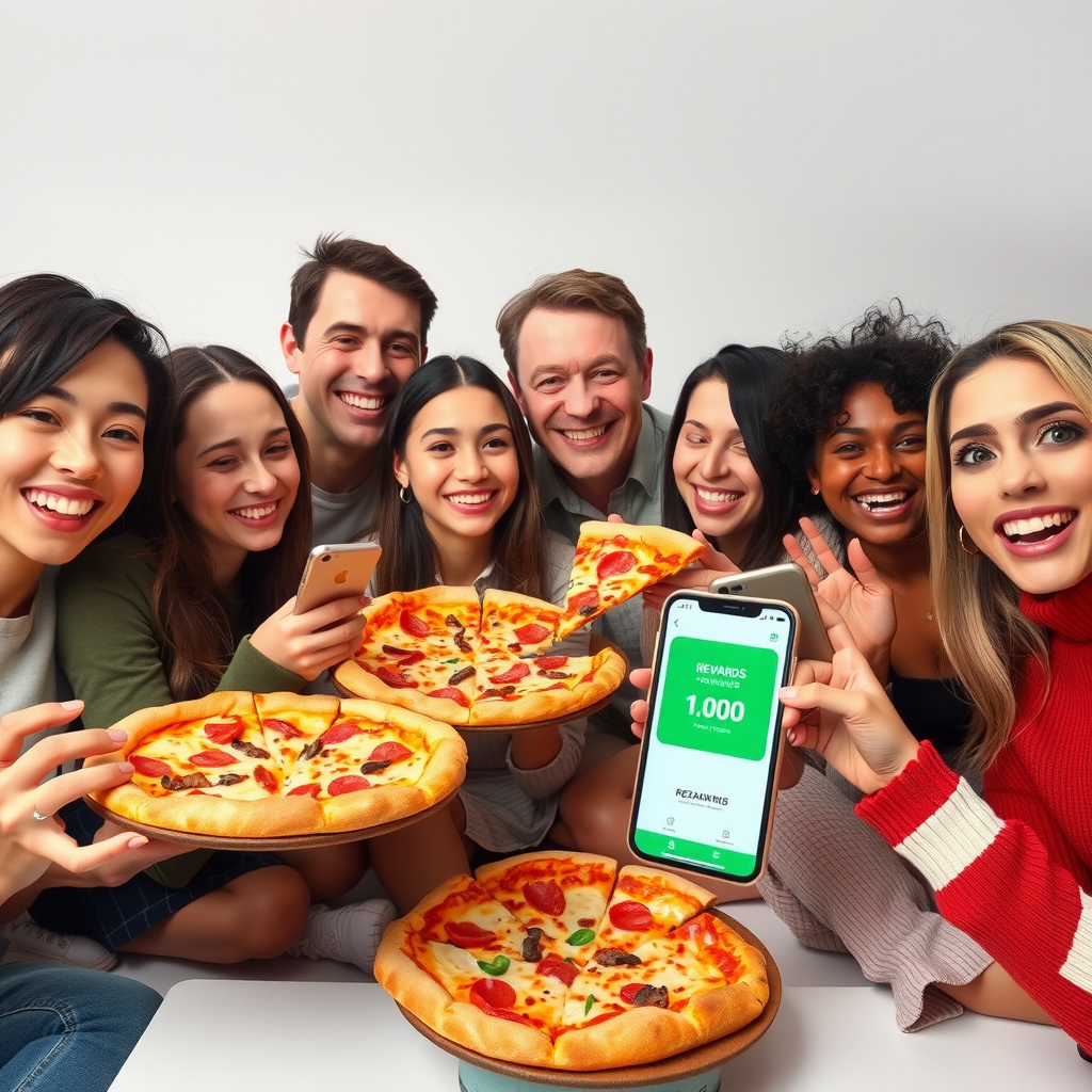 Diverse group of satisfied PizzaPizza rewards members of different ages enjoying fresh pizzas together, with visible smartphones showing the rewards app and point balances, everyone smiling and celebrating