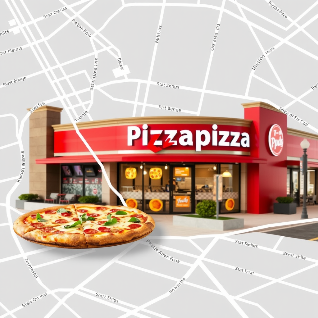 Map showing Pizzapizza location at 13850 Steeles Ave W, Toronto Premium Outlets Food Court, Halton Hills, Ontario, Canada with surrounding streets and landmarks