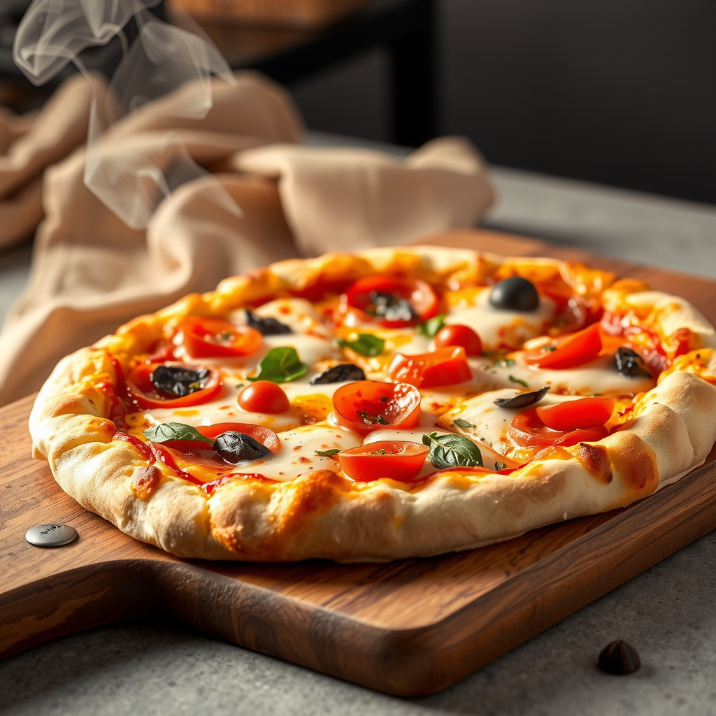 Delicious fresh pizza with melted cheese, pepperoni, vegetables and herbs on a wooden board, steam rising, professional food photography with warm lighting