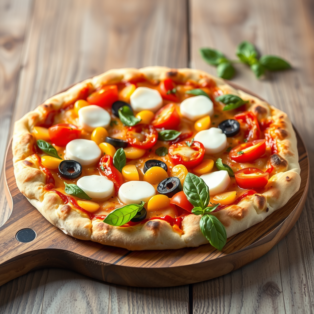 Freshly baked plant-based pizza with vibrant vegetables, dairy-free mozzarella, and plant-based pepperoni on a rustic wooden serving board, garnished with fresh basil leaves, professional food photography with warm lighting