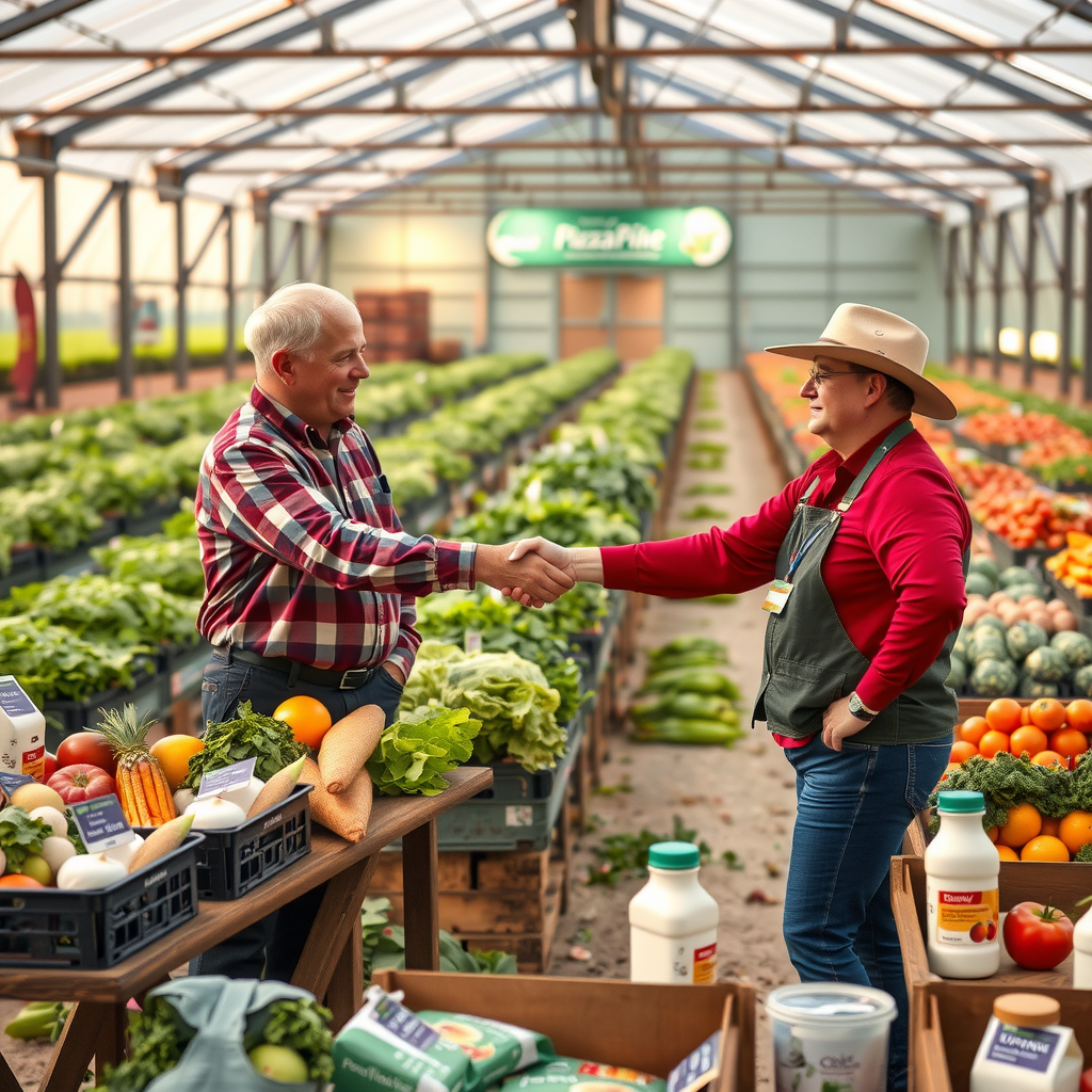 PizzaPizza executives shaking hands with Canadian farmers in a vibrant farm setting with fresh vegetables and dairy products displayed, showcasing the new partnership for sustainable ingredient sourcing