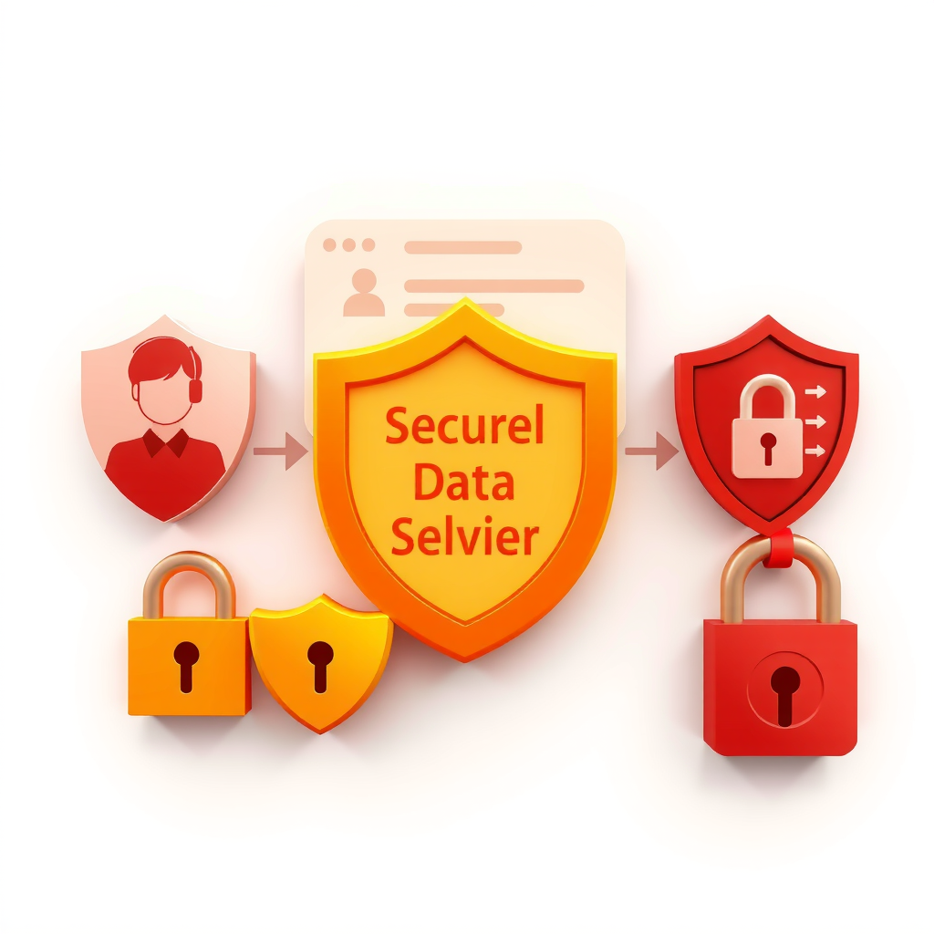 Illustration showing secure data collection process with icons representing personal information, payment details, and order preferences being protected by encryption shields and security locks in PizzaPizza brand colors