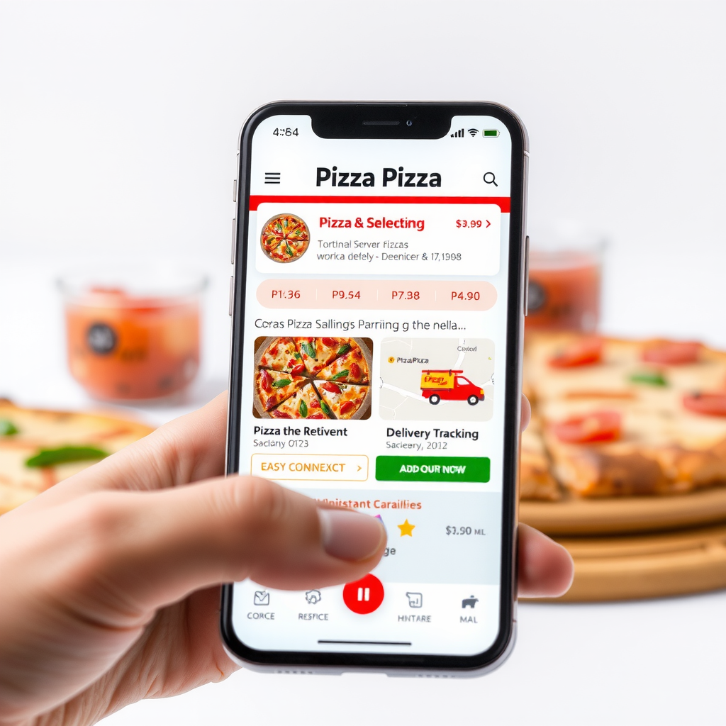 Modern smartphone displaying PizzaPizza online ordering interface with pizza selection menu, delivery tracking map, and easy checkout process
