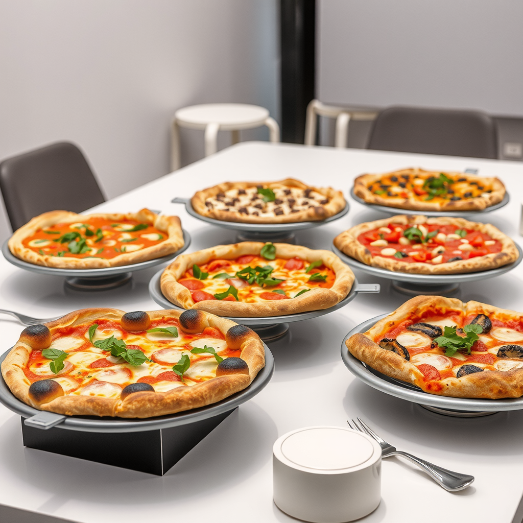 Professional corporate catering setup with multiple pizza varieties arranged on elegant serving tables for business meetings and conferences