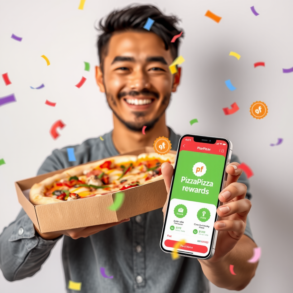 Smiling customer holding a fresh pizza box in one hand and smartphone displaying the PizzaPizza rewards app interface in the other hand, with colorful confetti and reward badges floating around