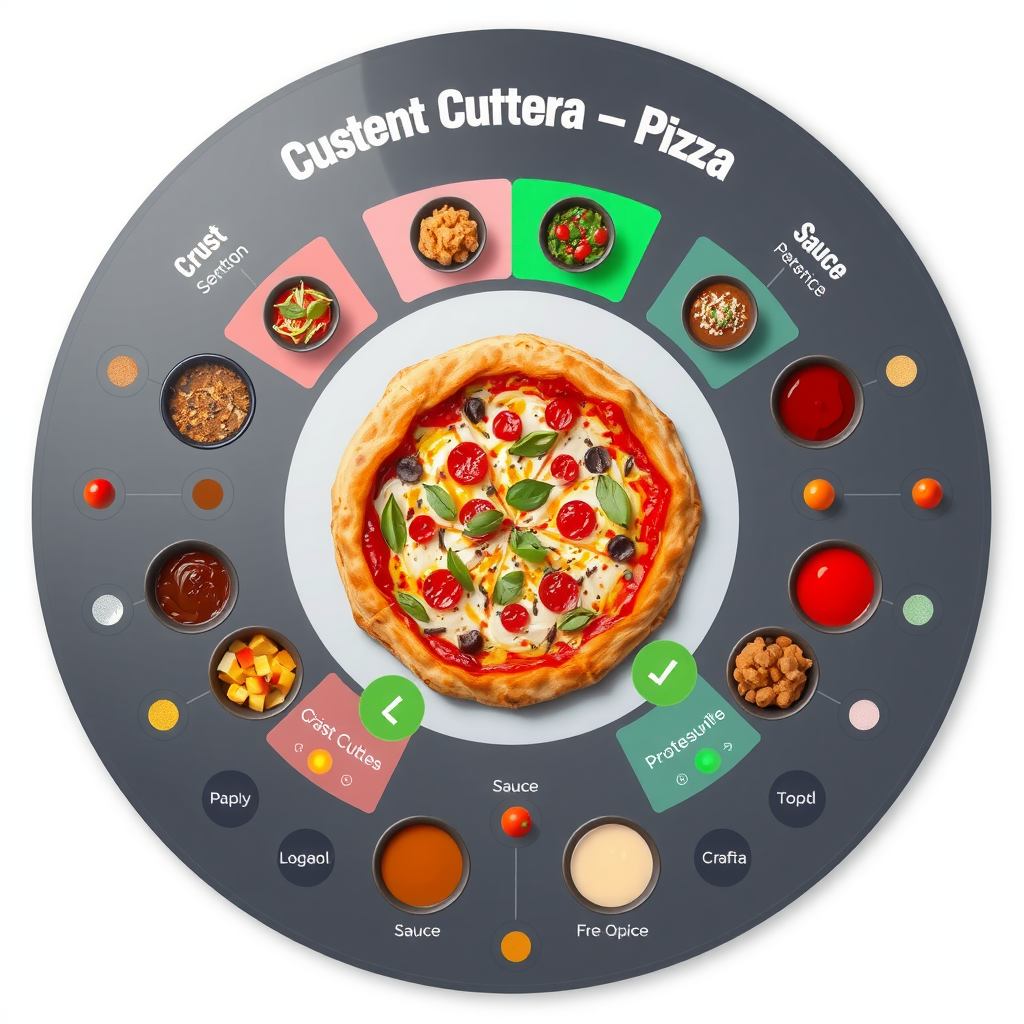 Interactive custom pizza creation interface showing various topping options, crust selections, and sauce choices arranged in a circular builder design with vibrant colors
