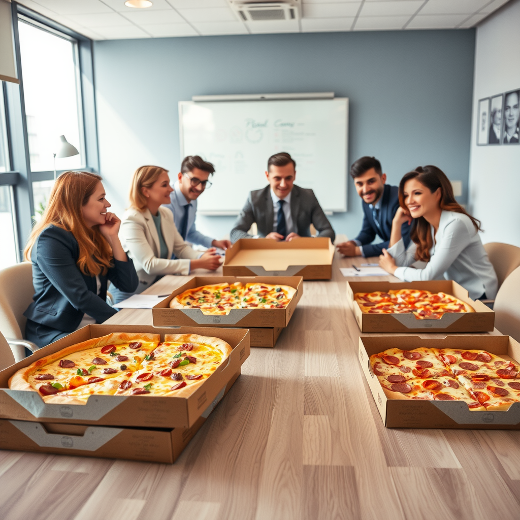 Business team enjoying pizza delivery in modern office setting with multiple pizza boxes on conference table