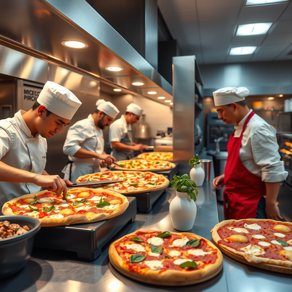 Professional pizza kitchen with chefs preparing fresh pizzas, modern equipment, clean workspace, ingredients displayed, warm ambient lighting