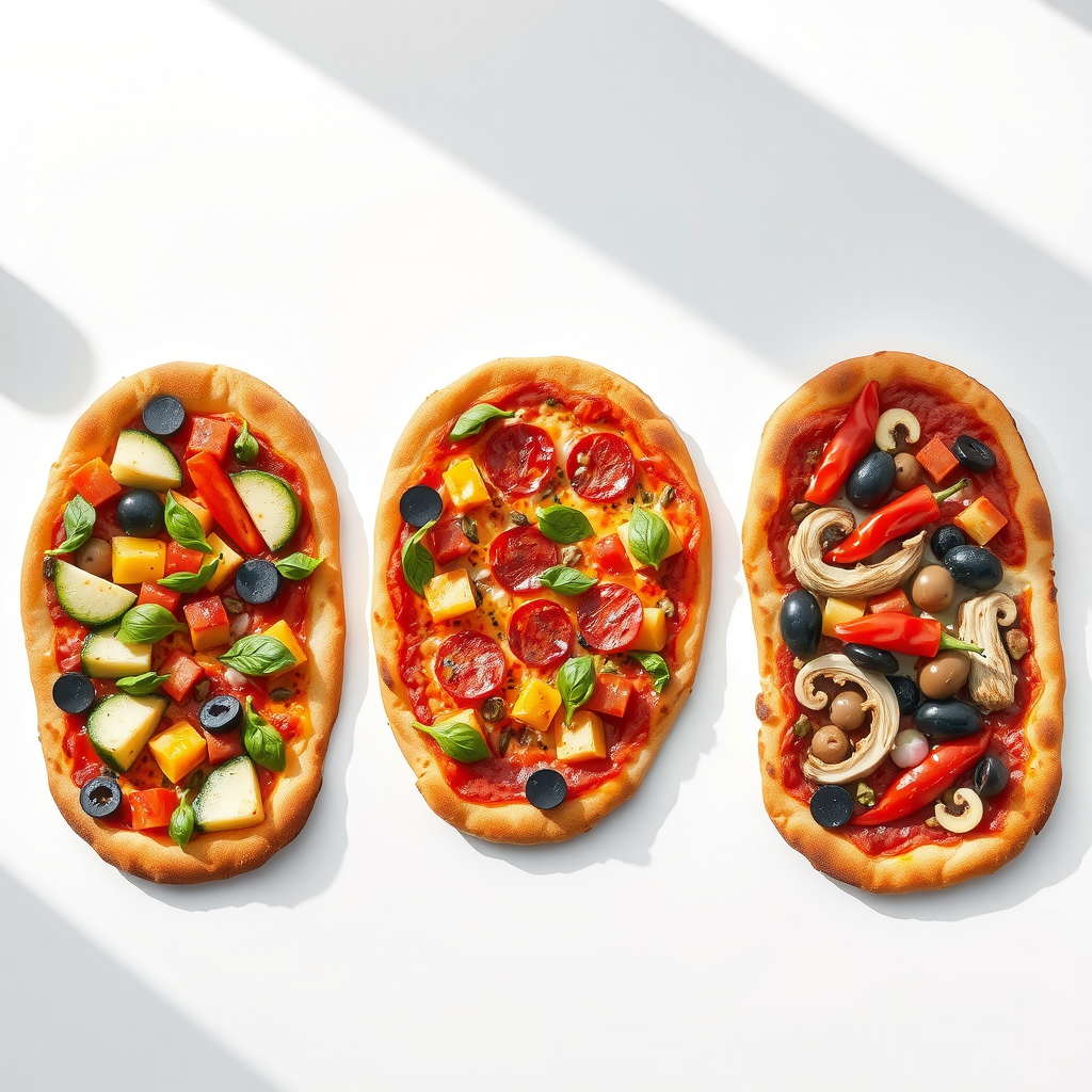 Three different plant-based specialty pizzas displayed side by side on a modern white surface, showing Garden Supreme with colorful vegetables, Spicy Plant Pepperoni with red peppers, and Mediterranean Vegan with olives and artichokes, overhead shot with natural lighting