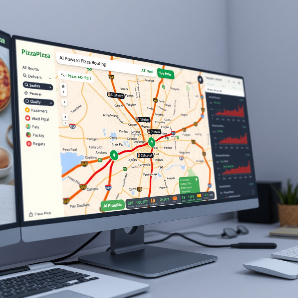 Computer screen displaying PizzaPizza's AI-powered routing dashboard with interactive map showing multiple delivery routes, real-time traffic data, and optimization algorithms calculating fastest paths across city