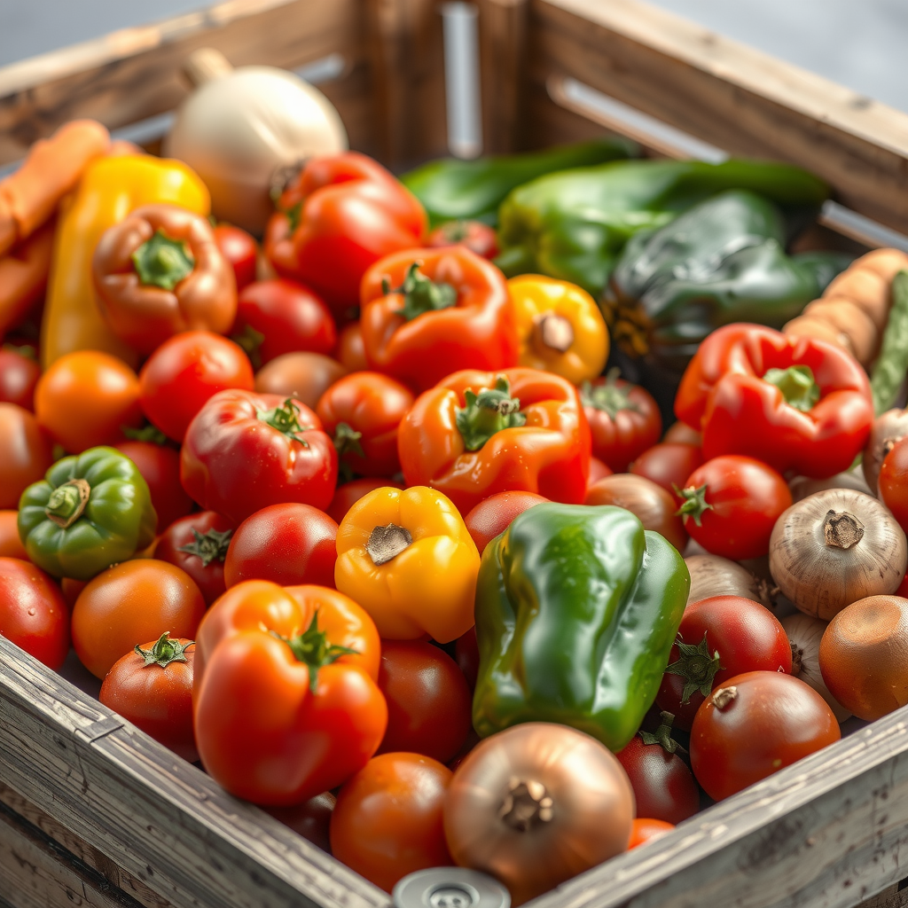 Colorful array of fresh vegetables including tomatoes, bell peppers, mushrooms, and onions harvested from Canadian farms, displayed in wooden crates with morning dew, representing the quality ingredients used in PizzaPizza products