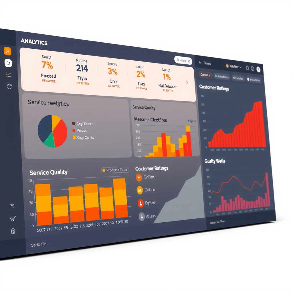 Modern dashboard interface showing analytics graphs, customer feedback ratings, and service quality metrics with pizza-themed icons and PizzaPizza branding elements in vibrant orange and red colors