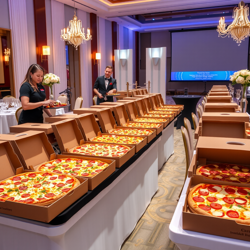 Large corporate event setup with multiple pizza boxes arranged on buffet tables, catering staff serving guests, and elegant party decorations in a professional venue