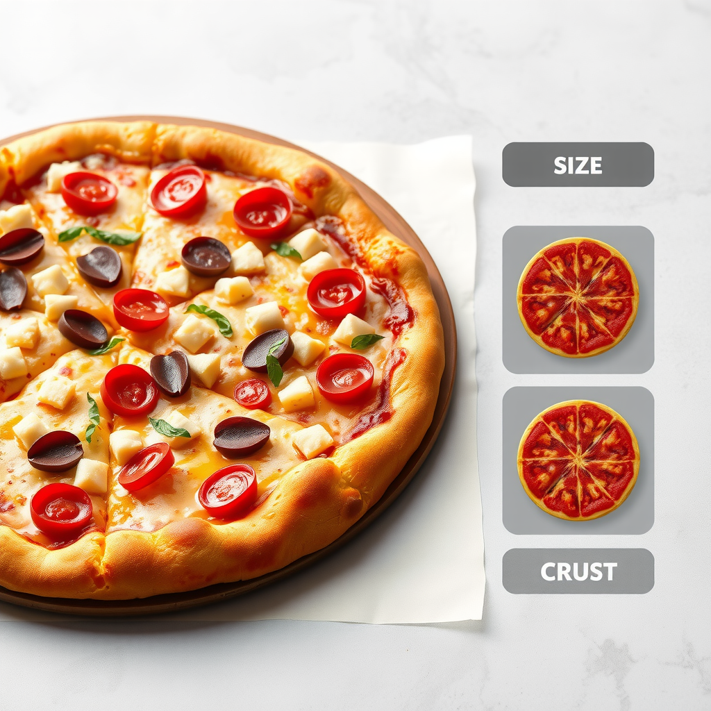 Pizza customization interface showing size, crust, and topping selection options