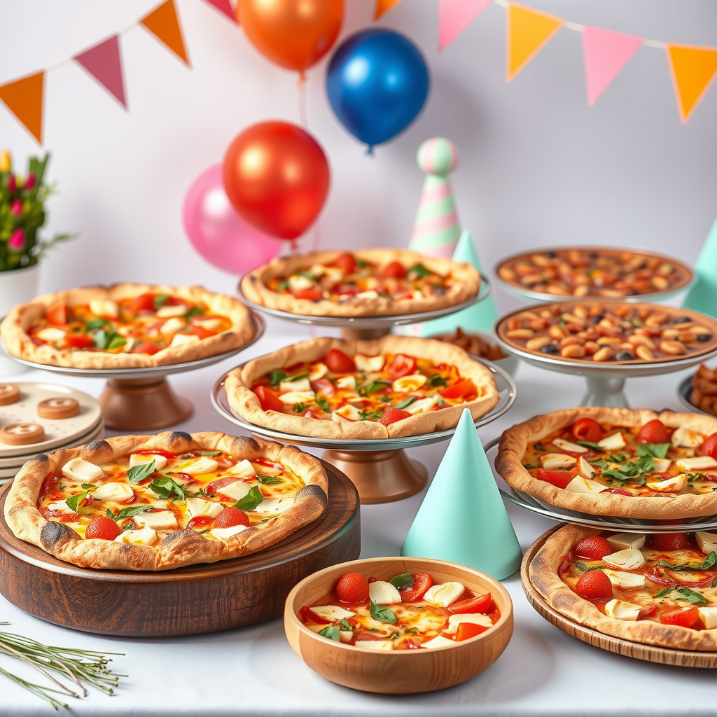 Festive party catering display with colorful pizza arrangements, decorative serving platters, and party-themed presentation for celebrations and gatherings