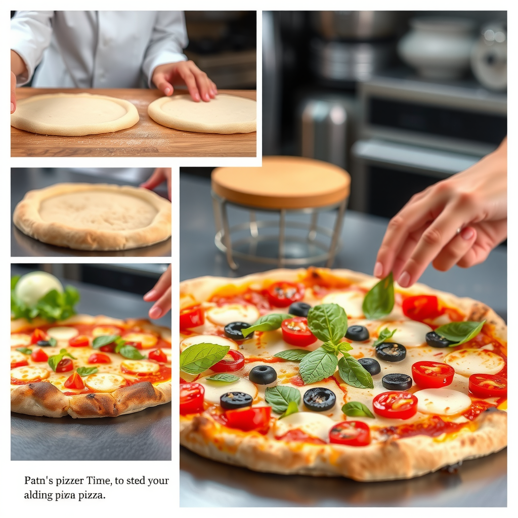 Step-by-step visual guide showing the pizza creation process from selecting crust to adding final toppings, with hands arranging fresh ingredients on a pizza base in a professional kitchen setting