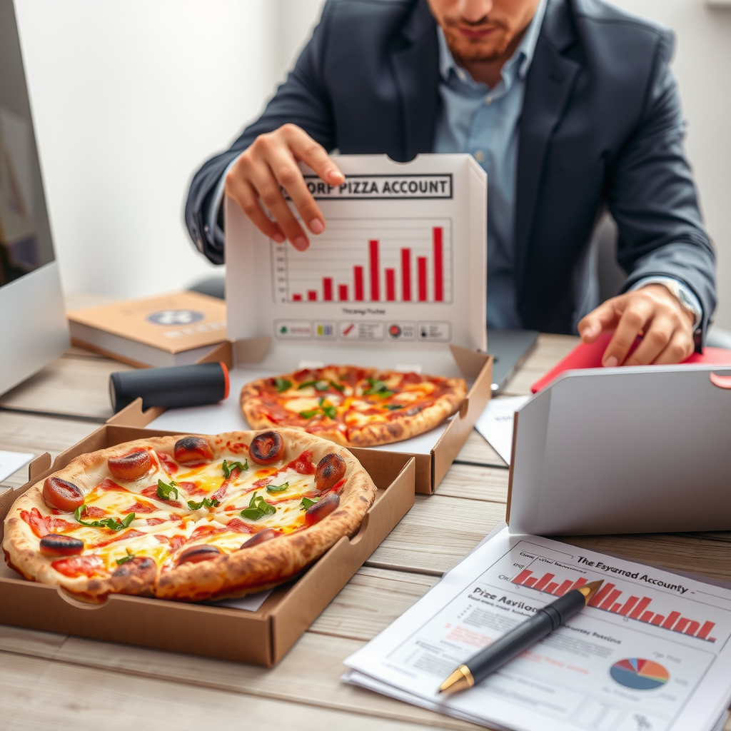 Business professional setting up corporate pizza account on laptop with pizza boxes and office documents on desk