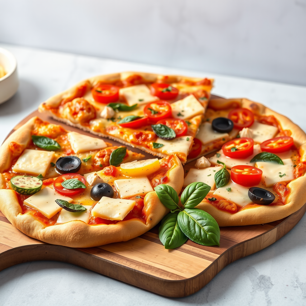 Colorful display of three new vegan specialty pizzas from PizzaPizza featuring dairy-free cheese, plant-based pepperoni, fresh vegetables, and herbs on a wooden serving board with green leafy garnish