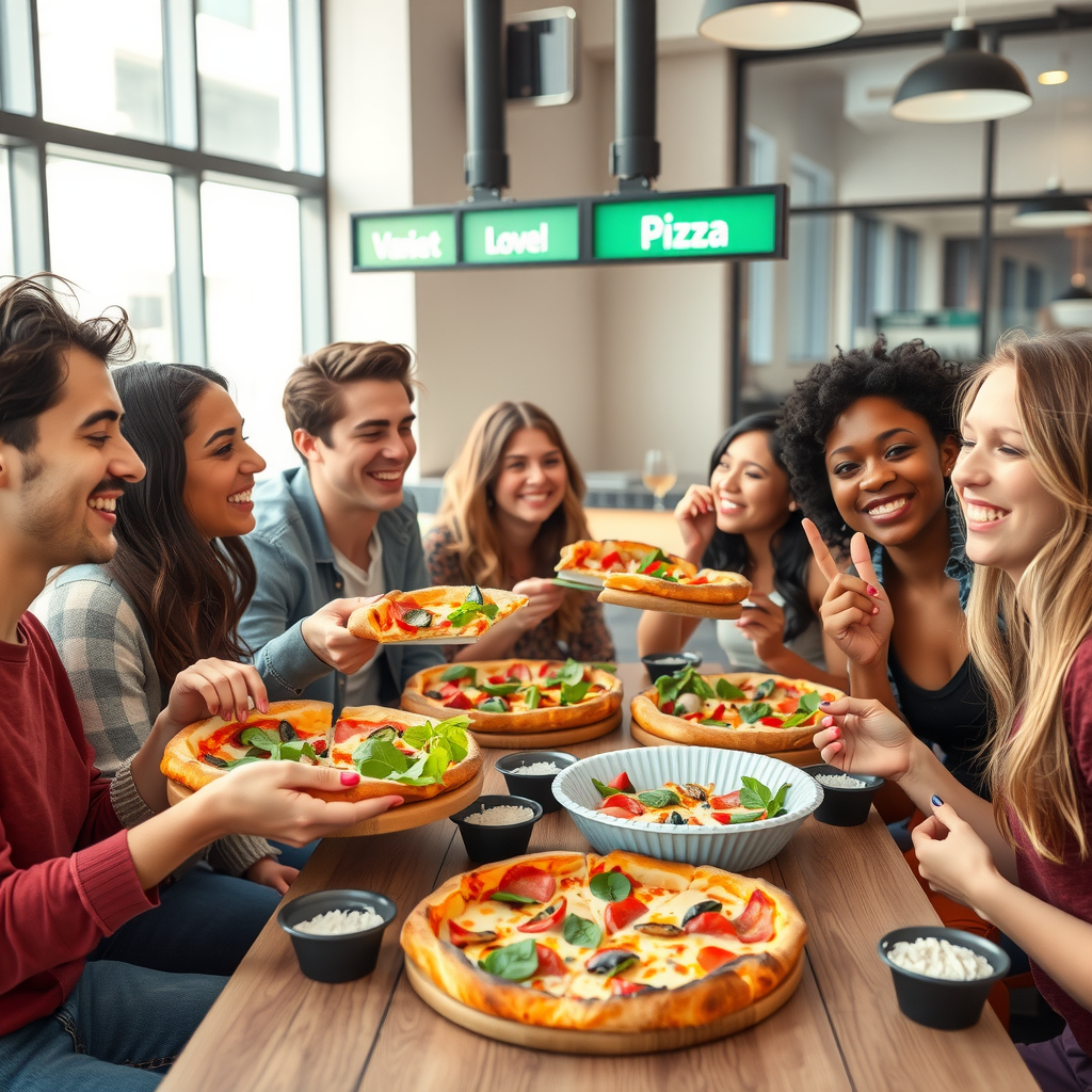 Diverse group of young adults enjoying plant-based pizzas together in a modern, bright PizzaPizza restaurant setting, smiling and sharing food, natural window lighting, casual dining atmosphere