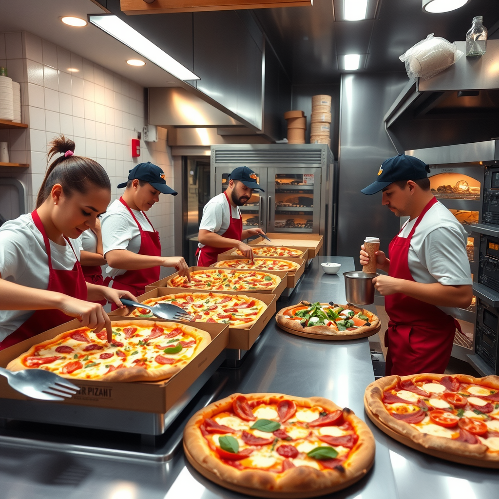 Energetic PizzaPizza kitchen team working efficiently together preparing multiple pizzas simultaneously, with organized workstations, fresh ingredients, and modern pizza ovens in background during peak Grey Cup weekend rush