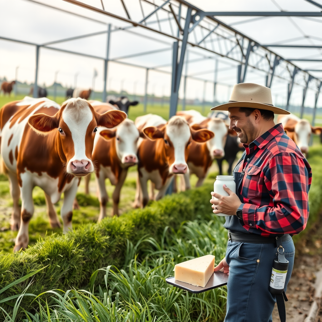 Modern Canadian dairy farm with happy cows grazing in green pastures, farmer checking quality of fresh milk and cheese products, representing PizzaPizza's commitment to sourcing premium local dairy ingredients