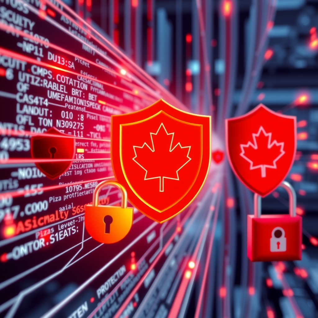 Digital security concept showing encrypted data streams, security shields, padlocks, and firewall protection symbols in PizzaPizza brand colors with Canadian maple leaf accents representing data protection