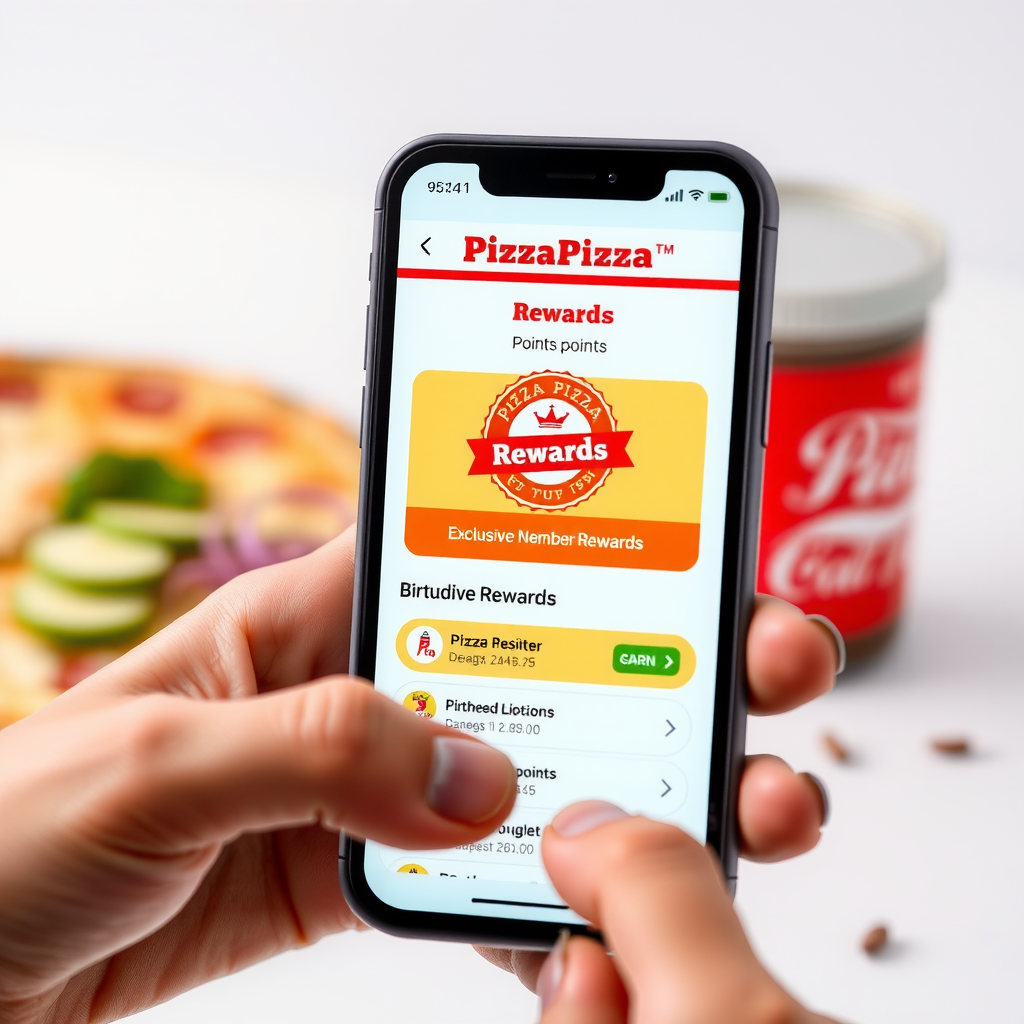 Smartphone screen showing PizzaPizza rewards app with points balance, exclusive member discounts, birthday rewards badge, and redemption options interface