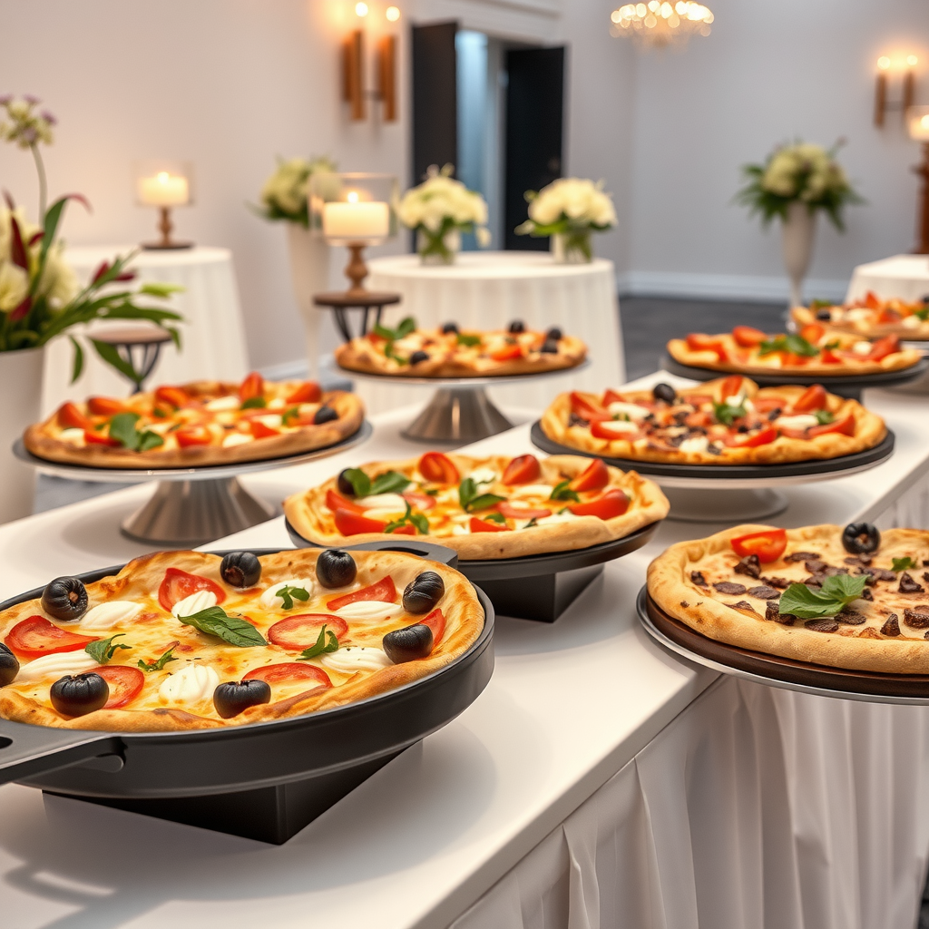 Elegant wedding catering setup with gourmet pizzas beautifully arranged on sophisticated serving stations with decorative elements for wedding receptions