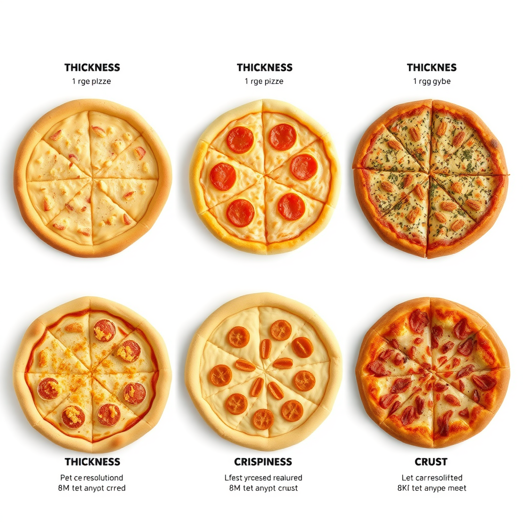 Side-by-side comparison of all six crust types showing cross-sections and texture differences, with labels indicating thickness, crispiness level, and key characteristics of each crust option