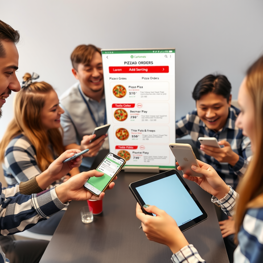 Team members using smartphones and tablets to add their individual pizza orders to shared group ordering platform