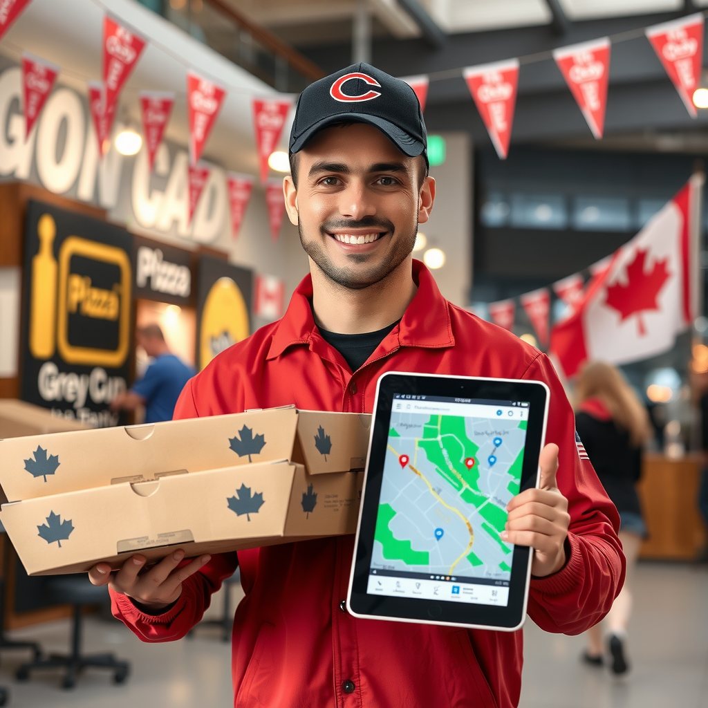 PizzaPizza delivery driver in branded uniform holding pizza boxes with a digital tablet showing delivery route map, with Grey Cup celebration decorations and Canadian flags in the background