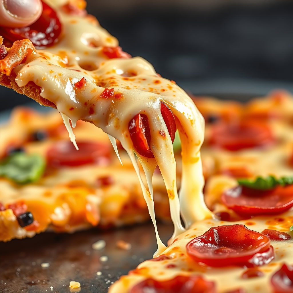 Extreme close-up of a pizza slice being lifted, showing stretchy dairy-free mozzarella cheese pull, with visible plant-based pepperoni and fresh basil, dramatic lighting highlighting the melted cheese texture and golden crust