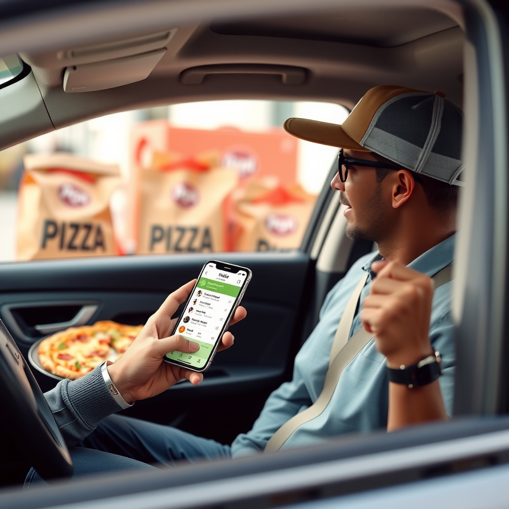 PizzaPizza delivery driver in vehicle using advanced mobile application on smartphone showing optimized delivery route, customer information, and real-time navigation with pizza delivery bags visible in background