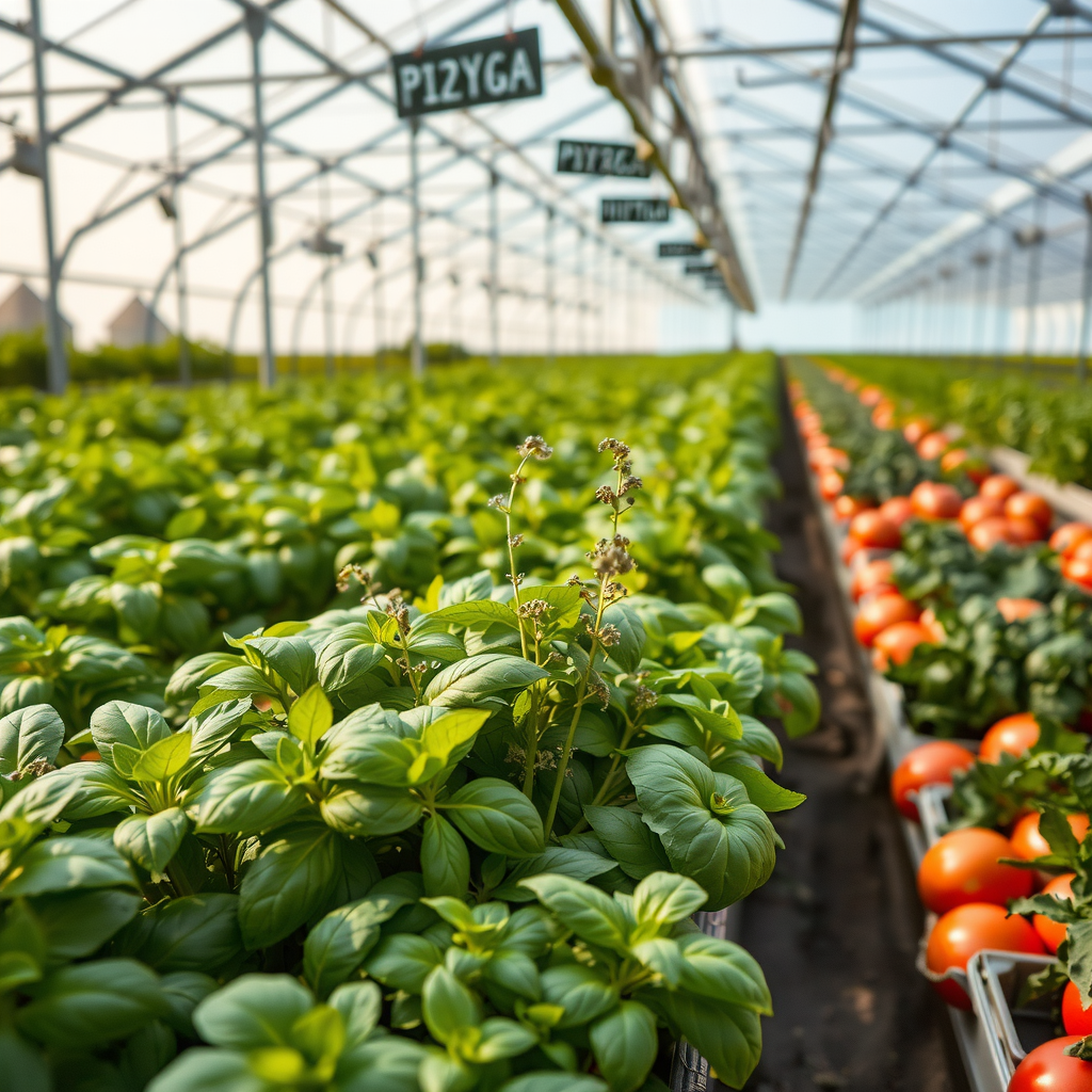 Lush greenhouse filled with fresh basil, oregano, and other herbs growing in rows, alongside organic vegetables, representing the sustainable farming practices of PizzaPizza's Canadian farm partners