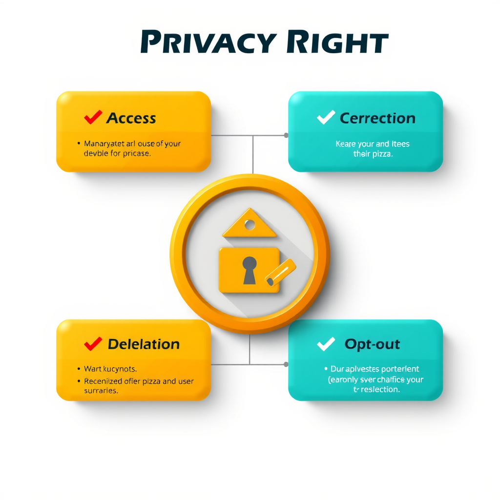 Infographic showing user privacy rights icons including access, correction, deletion, and opt-out options with checkmarks and user-friendly symbols in vibrant PizzaPizza brand colors