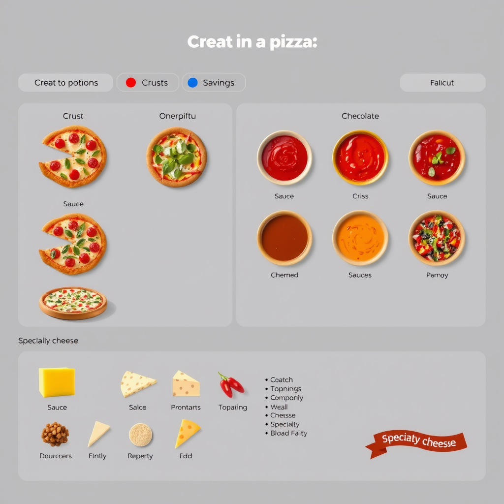 Interactive pizza creation interface showing various crust options, colorful sauce selections, over 30 different toppings arranged in categories, and specialty cheese varieties