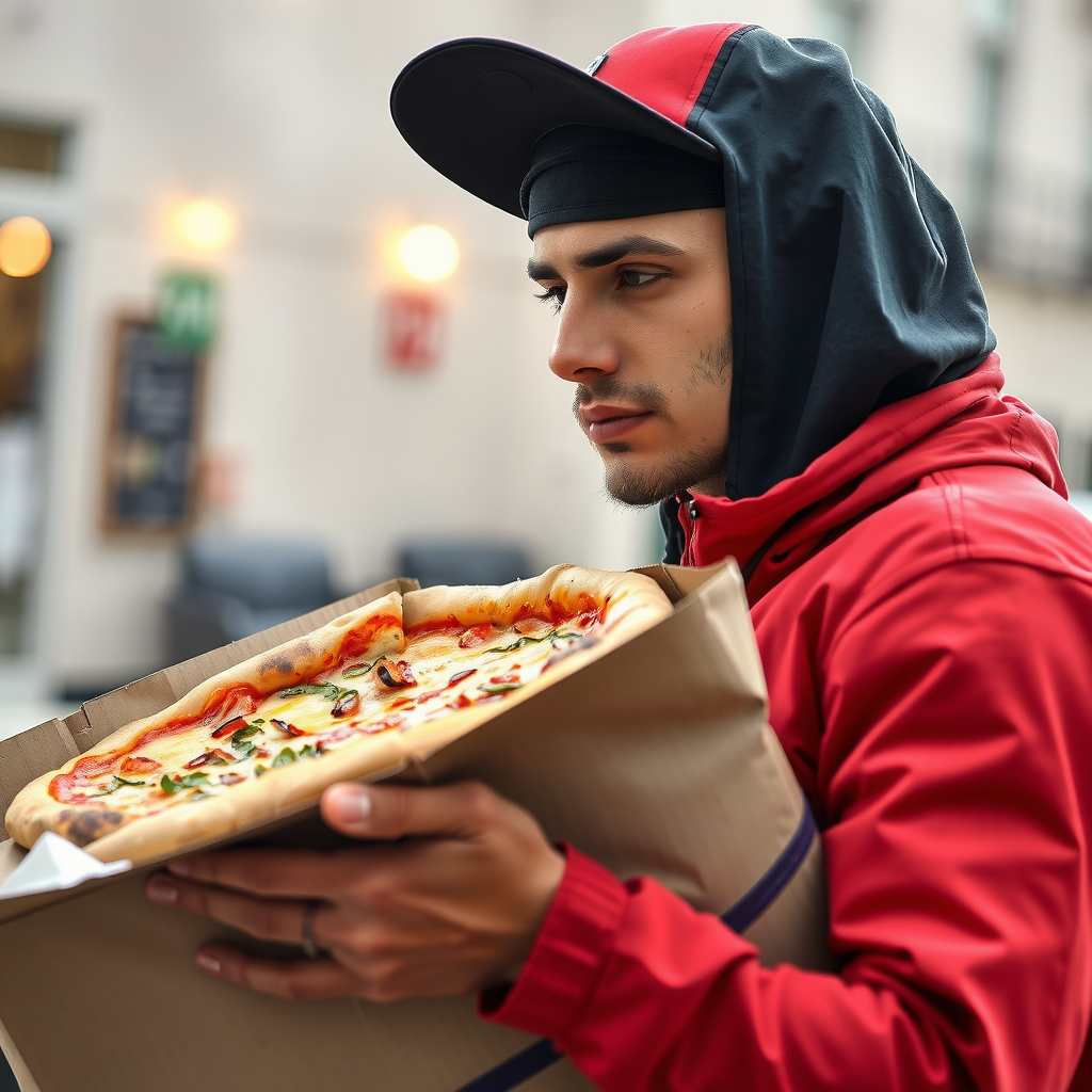 PizzaPizza delivery driver with thermal bag preparing for contactless delivery
