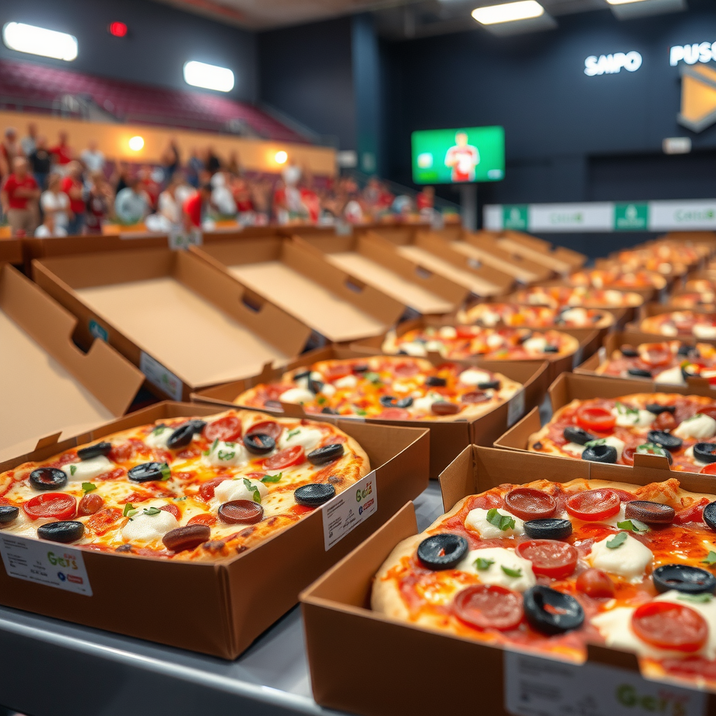 High-energy sports event catering with large quantities of pizzas in convenient serving boxes perfect for game day viewing parties and tournaments