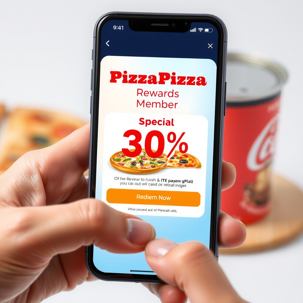 Smartphone screen displaying a push notification for a PizzaPizza rewards member showing a special 30% discount offer with colorful pizza icons and a redeem now button