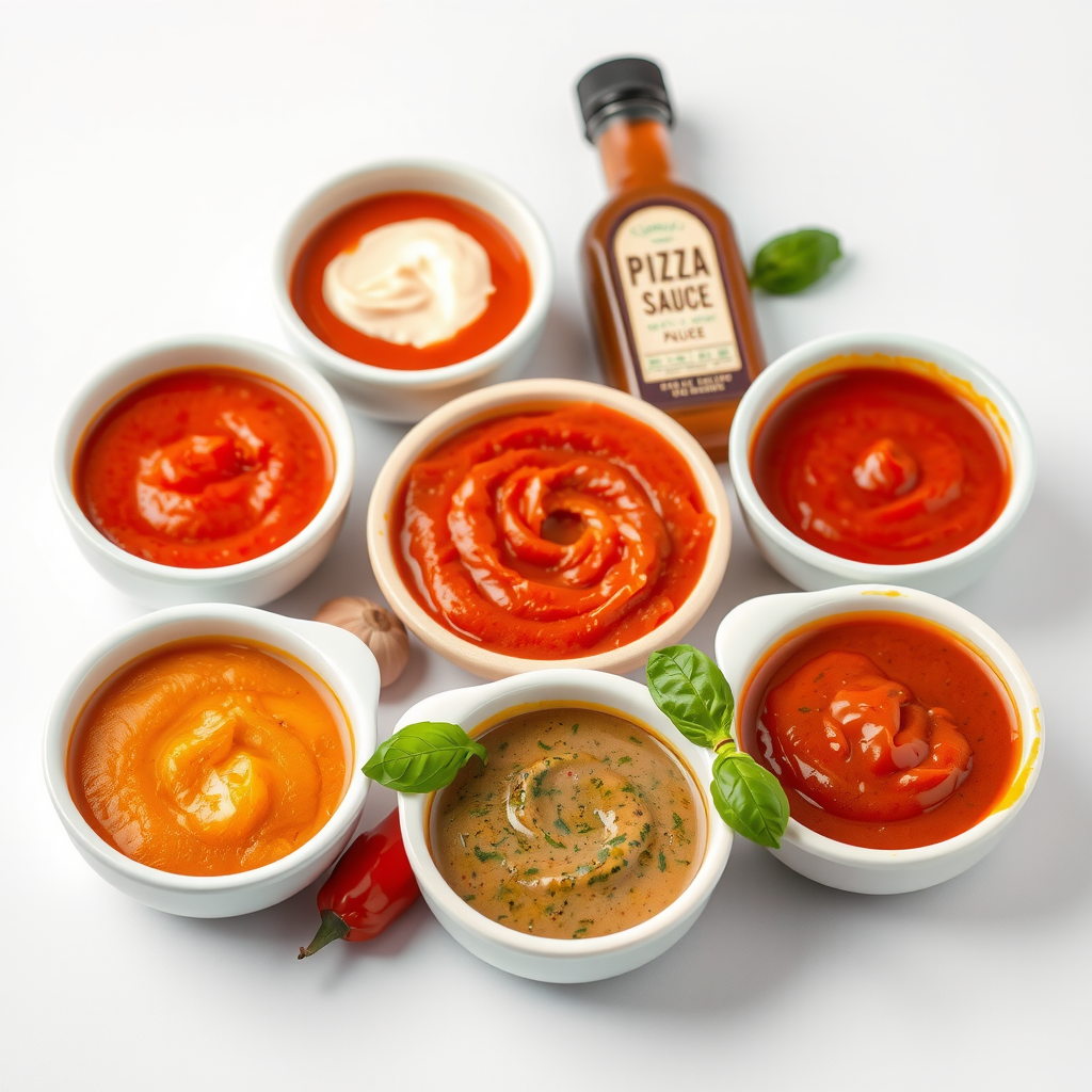 Artistic arrangement of six different pizza sauces in small bowls with fresh ingredients surrounding each - tomatoes for classic sauce, cream for alfredo, BBQ bottle, fresh basil for pesto, garlic cloves for butter base, and hot peppers for buffalo sauce