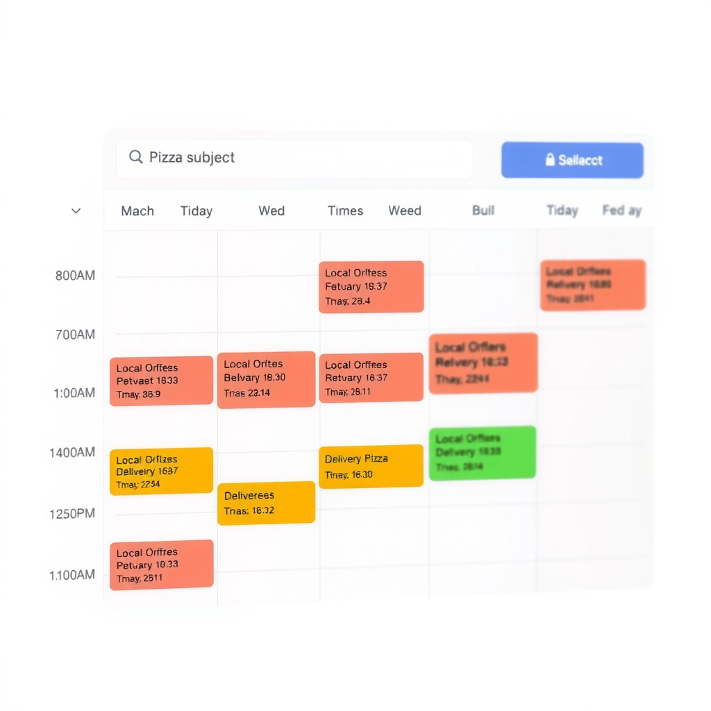 Digital calendar view showing scheduled weekly pizza deliveries with recurring order icons and delivery times marked